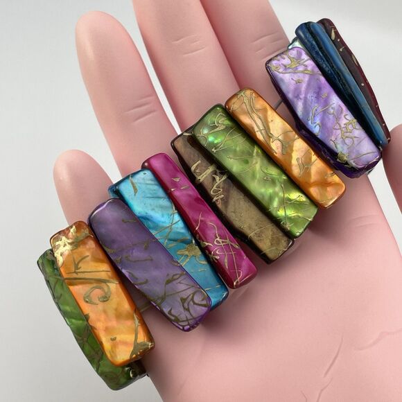 Stunning Multi Color Rainbow Mother Of Pearl Beaded Stretch Bracelet Boho Bold - Picture 7 of 7